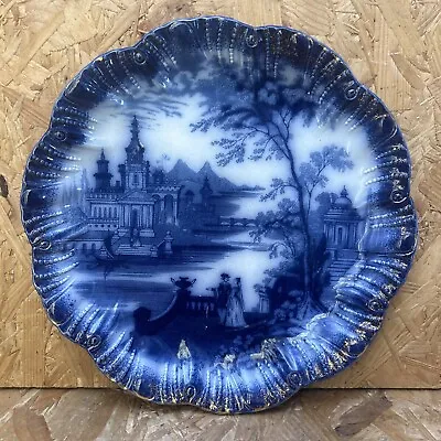 Buy Antique Gold & Blue Flow Ware Scalloped Edge Classical River Scene Plate 24cm • 4.99£