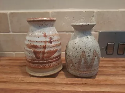 Buy 2 Vintage Studio Pottery Stoneware Posy Vases Abstract Geometric Bamboo Pattern • 14.99£