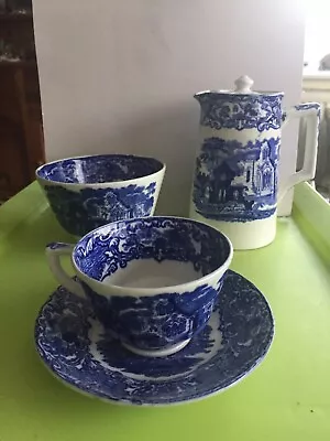 Buy 4x George Jones & Sons: Abbey Cup & Saucer,Footed Bowl,Water Pot,Blue & White • 19.99£