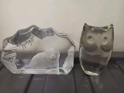 Buy Vintage Mats Jonasson Glass Seal Cub Signed & Reyjmire Glass Owl With Label • 2.99£