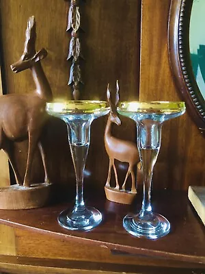 Buy Vintage Pair Of Glass Candlestick Candle Holders With Gold Colored Rim 7” High • 18£
