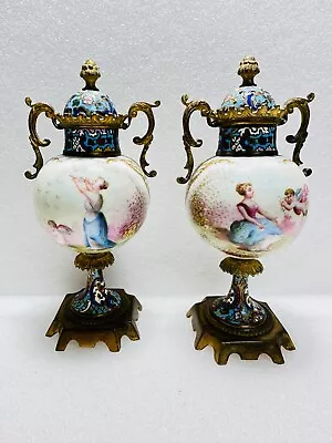 Buy Antique Pair Sevres Porcelain Cloisonne Cherub Vases Candlesticks 7  • 388.50£