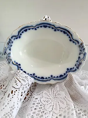 Buy GRINDLEY England LYRIC Bowl Flow Blue Gold Accent Trim Antique Oval Serving Dish • 30.56£