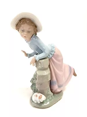 Buy Nao Lladro 1981 Daisa Porcelain Figurine Girl Stone Wall Puppy Dog 9” • 9.99£