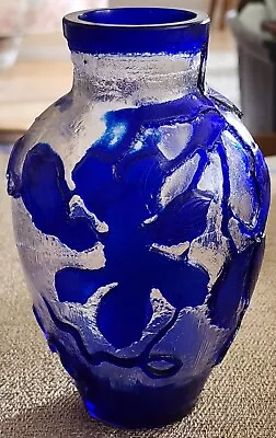 Buy Antique Harrach Bohemian Cameo Cobalt Cut To Textured Clear Vase Clematis • 99.61£