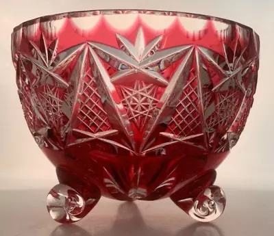 Buy Bohemian Flash Cut Glass Crystal Footed Bowl Cranberry To Clear Flashed Czech • 24.99£