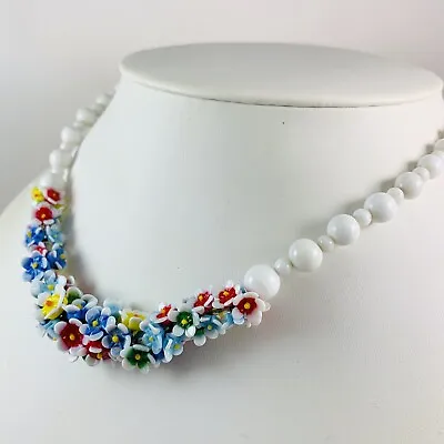 Buy XX Fabulous Vintage Multicolor Art Glass Flower Milk Glass Beaded Necklace 17  • 118.53£