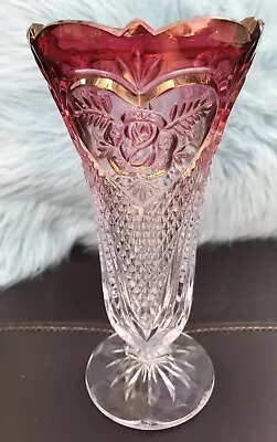 Buy Vintage Bohemian Cranberry Glass Crystal Flower Vase Cut To Clear 8  Tall • 30£