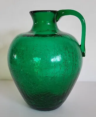 Buy Vintage Pilgrim Emerald Green Crackle Glass Pitcher 6  Tall Applied Handle Nice! • 13.65£