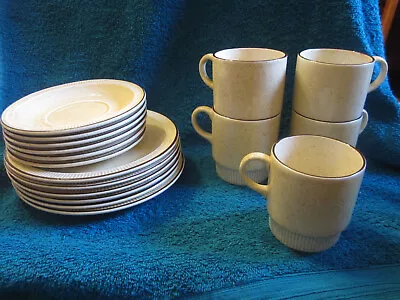 Buy Poole Parkstone? Pottery. Cups (5)  Saucers (6)  And Plates (6). Brown Rim. • 15£