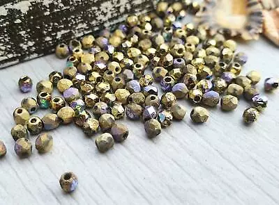 Buy 3mm Glittery Gold Crystal Etched | Czech Glass Firepolish Beads | Metallic • 2.55£