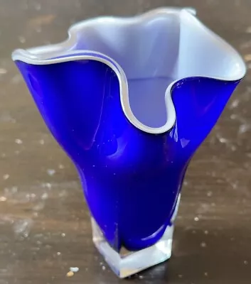 Buy Murano Style Cobalt Blue Glass Handkerchief Ruffled Vase Italian Mid-century • 25£