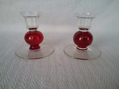 Buy Pair Of Vintage Glass Red Ruby Bubble Candlesticks • 30£