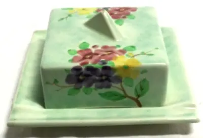Buy Vintage 1940’s E. Radford Hand Painted Blossom Pattern Green Butter Dish • 18.99£