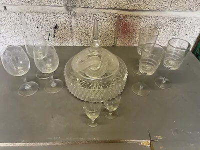 Buy Vintage Cut Glass Glassware Large Bowl With Lid + Glasses • 9.99£