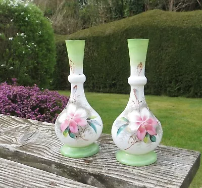 Buy A Pair Of Antique Hand Painted White Opaline Glass Vases - Flowers • 39.99£