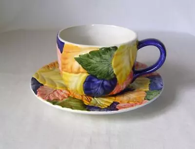 Buy Large Cup & Saucer With Leaf Moulding & Bright Coloured Glazes : From Portugal • 8£