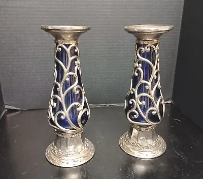 Buy Vtg MCM Pair Of Blown Cobalt Glass With Silver Moroccan Scroll Overlay And Base • 45.54£