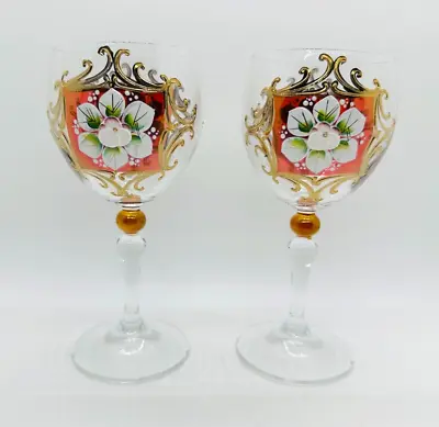 Buy VTG Czech Bohemian 24k Gold Gilted Enamel Hand Painted Flowers ~ Wine Glasses • 48.18£
