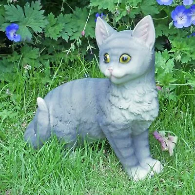 Buy Tabby Cat Garden Sculpture Grey Kitten Animal Lawn Ornaments Statue Home Décor  • 13.99£