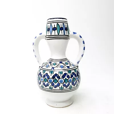 Buy Vtg Hand Painted Moroccan Art Pottery Double Handle Flower Vase Blue / Green • 47.43£