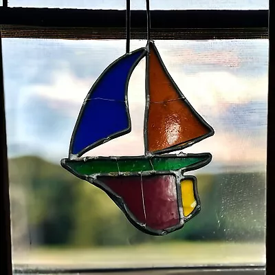 Buy Stained Leaded Glass Sun Catcher Sailboat VTG Ornament / Decor 7” • 11.32£