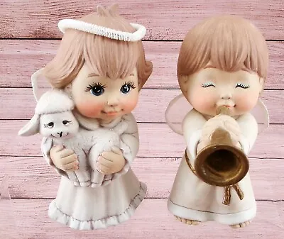 Buy Vintage Ceramic Angels Girl With Lamb Boy With Horn Christmas Hand Painted Decor • 14.23£