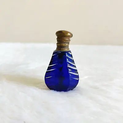Buy 19c Vintage Victorian Cobalt Blue Cut Glass Perfume Bottle Brass Cap Decorative • 160.20£