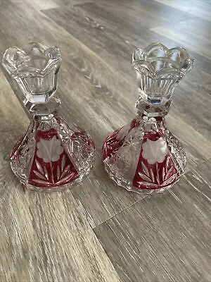 Buy Ruby Red Flash Cut Glass Candle Holders AnneHutte   Germany Vintage Set Of 2 • 18.92£