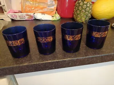Buy 4 Vintage Blue & Gold Tumblers Retro Kitsch Bar Cocktail Glasses FRENCH XMAS • 22.99£