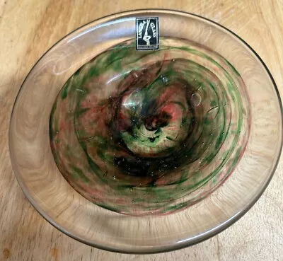 Buy Langham Glass Pin Dish Red Green Colours 5” Wide With Label & Etched Vintage • 5£