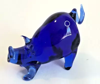 Buy Small Bowing Cobalt Blue Art Glass Pig Figurine Handmade Blown Worn Label • 13.26£