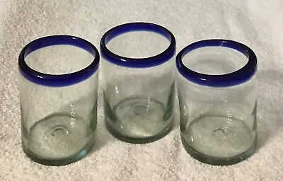 Buy 3 Mexican Hand Blown Glassware Cobalt Blue Rim Old Fashioned Rocks Glasses • 26.54£