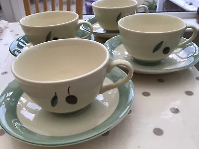 Buy POOLE POTTERY  FRESCO GREEN CUPS AND SAUCERS X 4  Hand Painted (2 Sets) • 26.50£
