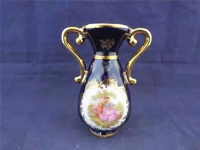 Buy Small Limoges Porcelain La Reine Dark Blue Two Handled Vase. • 8.96£