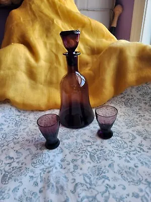 Buy Vintage Amethyst Glass Decanter And Shot Glass Set, Mid Century Modern Style • 32.18£