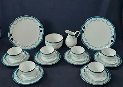 Buy An Antique Edwardian Bone China Six Setting Tea Set In Green And White • 34£