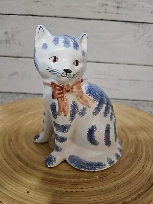 Buy VTG Hand Painted Rye Pottery England Blue & White Tabby Cat Figurine • 33.15£