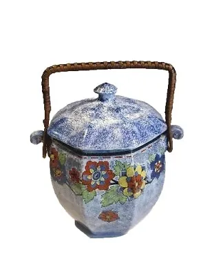 Buy Vtg Rubian Pottery England Lidded Biscuit Jar Handle Flowers Blue Spongeware • 43.59£