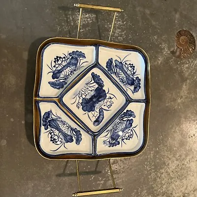 Buy Antique Hand Painted Delft Ware & Brass Footed Trinket Compartment Tray Handles • 30.24£