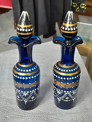 Buy Antique Pair Bohemian Cobalt Blue Gilded & Enamel Glass Decorated  Bottles • 25£