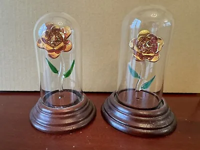 Buy Vintage. Pair Rose Glass Flower Ornament, In Beautiful Glass Dome • 1.99£