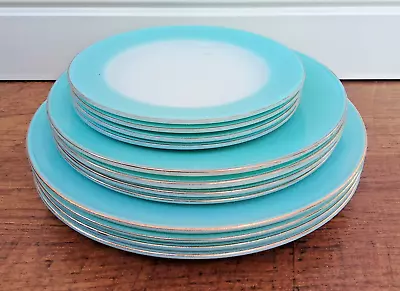 Buy 12 X Vintage Pyrex Dinner Plates Milk Glass Turquoise Blue Border W/Gold Trim • 35£