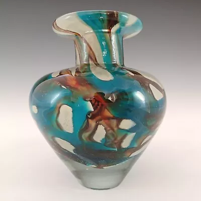 Buy SIGNED Mdina 'Tiger' Maltese Blue & Brown Glass Vintage Vase • 45£