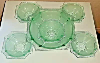 Buy Art Deco Green Glass Fruit / Trifle Beaded & Frosted Bowl & Five Dessert Dishes • 9.99£