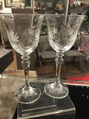 Buy Vintage Antique Pair Cut Crystal Tall Steamed Wine Glass Set Wedding Toast  • 23.67£