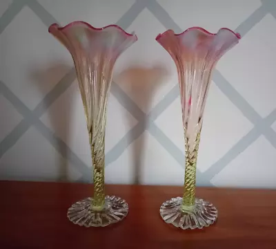 Buy TWO Victorian Vaseline & Cranberry Glass Vases, Twisted Stems & Frilled Tops VGC • 175£