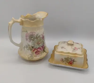 Buy James Kent Staffordshire England Old Foley Roses Pitcher Butter Dish Gold Cream • 23.61£