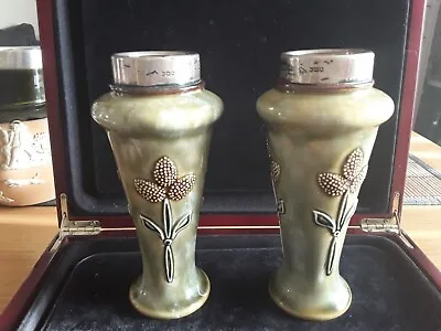 Buy Royal Doulton Lambeth Art Nouveau Vases - Silver Rims - Ethel Beard - C.1900 • 82£
