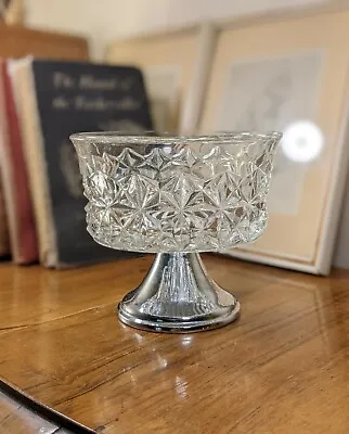Buy Vintage Pressed Glass Diamond Cut Chrome Style Pedestal Foot Compote Dish Bowl • 14.99£